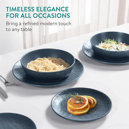 Navaris Linen Artisan Stoneware Dinnerware Set - 18 Pieces in Smoky Blue: Dinner Plates, Side Plates, Pasta Bowls - Dishwasher & Microwave Safe