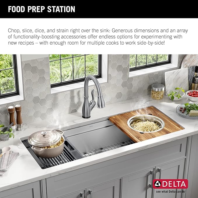 DELTA FAUCET Lorelai 45-inch Workstation Kitchen Sink Undermount 16 Gauge Stainless Steel Single Bowl with 2-Tier WorkFlow Ledge and Chef’s Kit of 11 Accessories, 95BA132-45S-SS