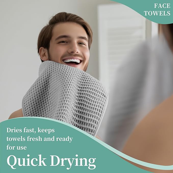 Microfiber Waffle Face Towels, 4 Pieces, Soft, Absorbent, Fast Drying, Lint Free (Silver)