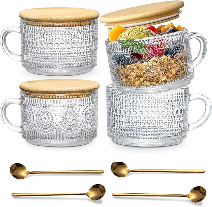 4pcs Vintage Glass Coffee Mugs Cups, Overnight Oats Containers Glass Cups Mugs with Bamboo Lids and Spoons - 14oz Clear Embossed Glass Cups, Cute Iced Coffee Glasses Gifts for women.