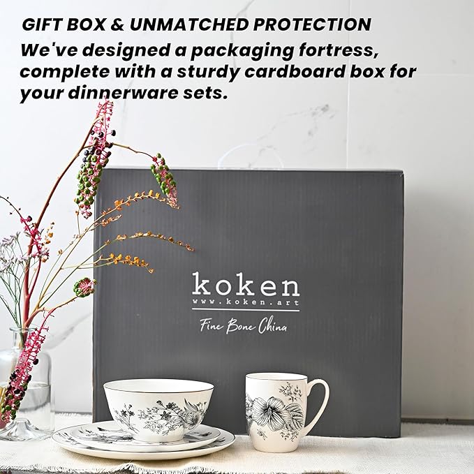 Botanic Plates and Bowls Sets Dishes Set for 4, Ceramic Plates and Bowls Set, Service for 4, Bone China Dinnerware Set Salad Dessert Plates, and Cereal Bowls Set, Microwave safe by KOKEN