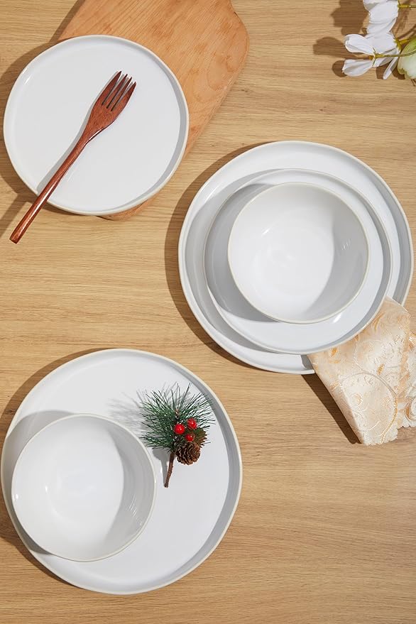 FOBENT Minimalist Dinnerware Set,24 Piece Fog White Plates and Bowls Set for 8 – Sculpted Ceramic Dish Sets for Gatherings with Grace