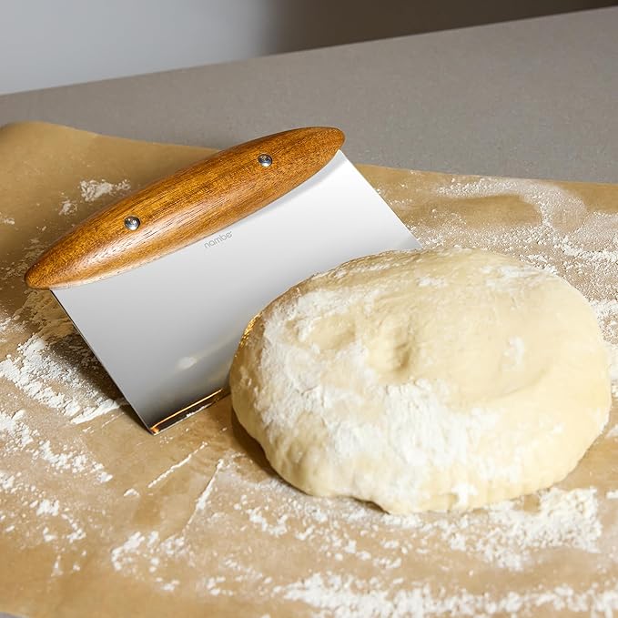 Nambe x Tom Papa Breaking Bread Bench Scraper - Stainless Steel Dough Cutter with Acacia Wood Handle, Contemporary Modern Baking Tool for Bread, Pastry & Countertop Use - Essential Kitchen Gadget