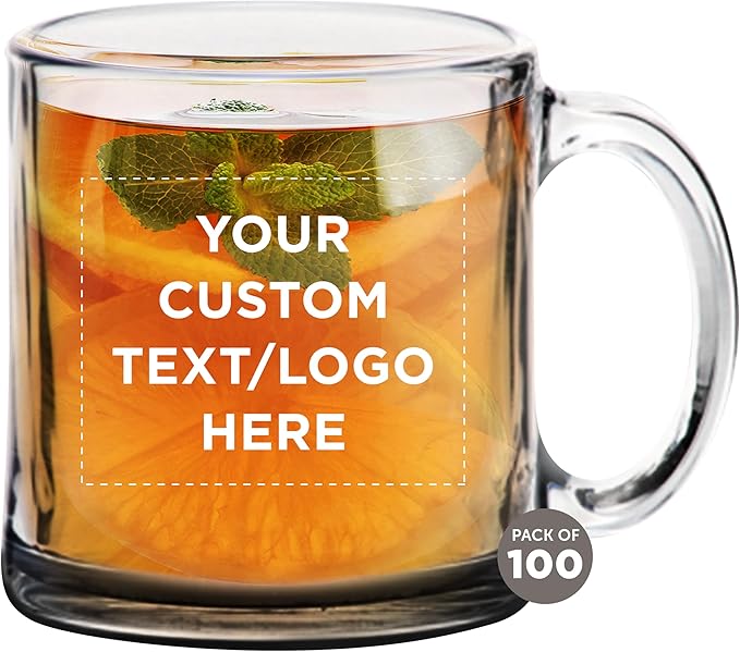 Custom Libbey Clear Glass Coffee Mugs 13 oz. Set of 100, Personalized Bulk Pack - Perfect for Coffee, Tea, Espresso, Hot Cocoa, Other Beverages - Black Bottom