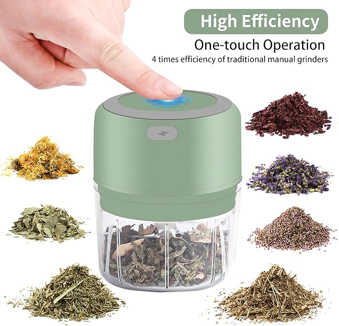 Electric Herb Grinder, 3.5 Inch Large Grinders for Grinding Dry Fresh Herbs and Spice with Clear Chamber, Portable USB Charge Herb Grinder, Including Clean Brush and Tweezers, Gift Box, Green