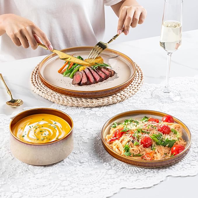 LeRatio Ceramic Dinnerware Sets for 4,Round Reactive Glaze Ceramic Plates and Bowls Set,Highly Chip and Crack Resistant | Dishwasher & Microwave Safe Dishes Set,Service for 4 (12pc)-Kahki