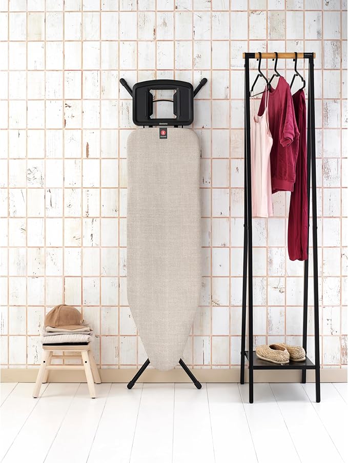 Brabantia - Ironing Board B – Solid Steam Iron Rest – Adjustable Height – Non-Slip Rubber Feet – 100% Fairtrade Cotton Cover with Foam Padding – Foldable – Denim Gray – Size B (49 x 15 in)