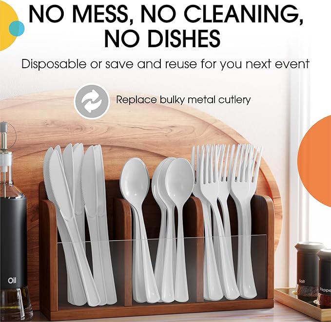 Party Solids White Plastic Silverware Heavy Duty 150 Pieces White Disposable Silverware Heavy Duty, Utensil Sets, 50 Of Each Forks, Knives & Spoons Disposable Cutlery Set For Party Supplies