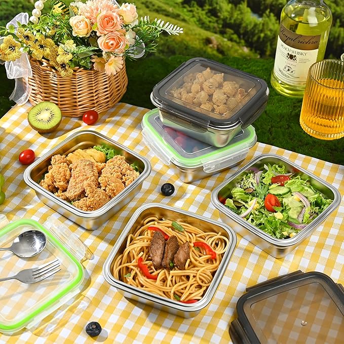 2 Pack Sandwich Containers, 24oz Stainless Steel Sandwich Box with Airtight Lids, Reusable Metal Meal Prep Lunch Boxes, BPA-Free, Dishwasher Safe, Food Storage Containers for Families (Green)