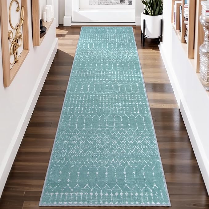 Lahome Moroccan Green Runner Rug 2x6 - Washable Non-Slip Hallway Rug Runner Kitchen Throw Untra-Thin Entryway Carpet, Geometric Print Distressed Floor Mat for Hallways Bedroom