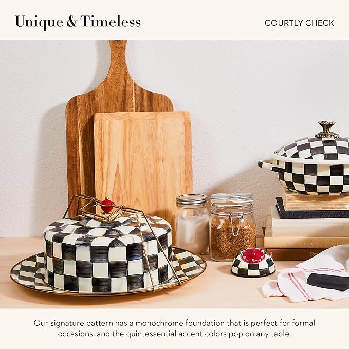 MACKENZIE-CHILDS Enamel Cake Carrier, Cake-Dish Serving Platter with Lid and Handles, Black-and-White Courtly Check