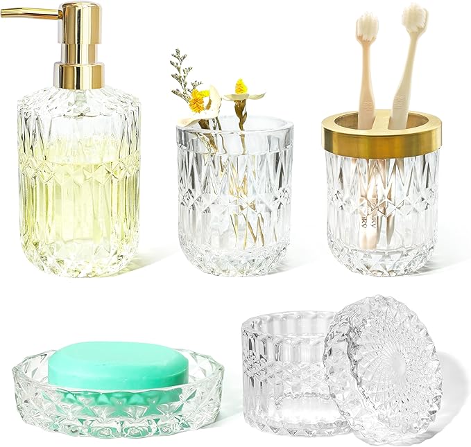 Glass Bathroom Accessories Set, 5pcs Crystal Clear Bathroom Accessories, Toothbrush Holder Set, Soap Dispenser, Soap Dish, Tumbler, Qtips Holder for Vintage Bathroom Decor, Christmas Decor