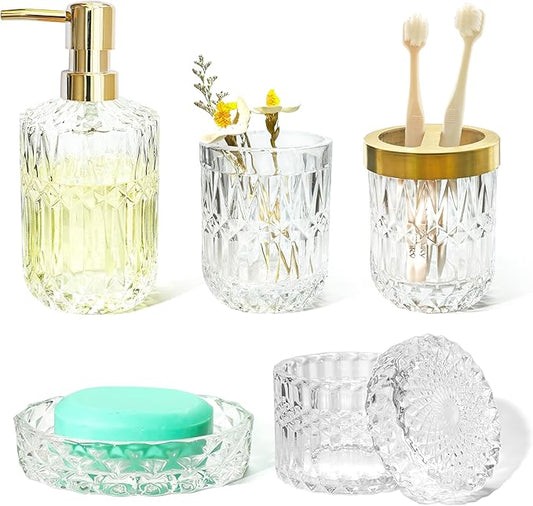 Glass Bathroom Accessories Set, 5pcs Crystal Clear Bathroom Accessories, Toothbrush Holder Set, Soap Dispenser, Soap Dish, Tumbler, Qtips Holder for Vintage Bathroom Decor, Christmas Decor
