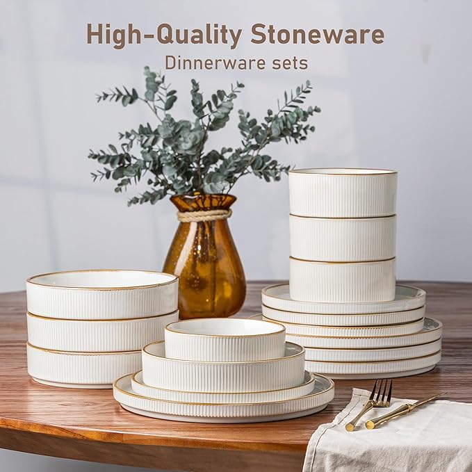 GBHOME Stoneware Dinnerware Sets for 8, Round Reactive Glaze Ceramic Plates and Bowls Set, Highly Scratch Resistant | Dishwasher & Microwave Safe Set，Service for 8（24pcs),Pearl White