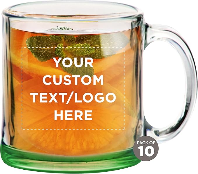 Custom Libbey Clear Glass Coffee Mugs 13 oz. Set of 10, Personalized Bulk Pack - Perfect for Coffee, Tea, Espresso, Hot Cocoa, Other Beverages - Green Bottom