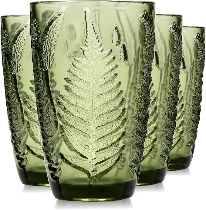 Green Drinking Glasses Set Of 4-12 Oz Hand Blown Vintage Drinking Glasses, Boho Aesthetic Antique Glassware, Colored Cute Glass Cups, Textured Highball Water Tumbler, Unique Retro Drinkware Gift