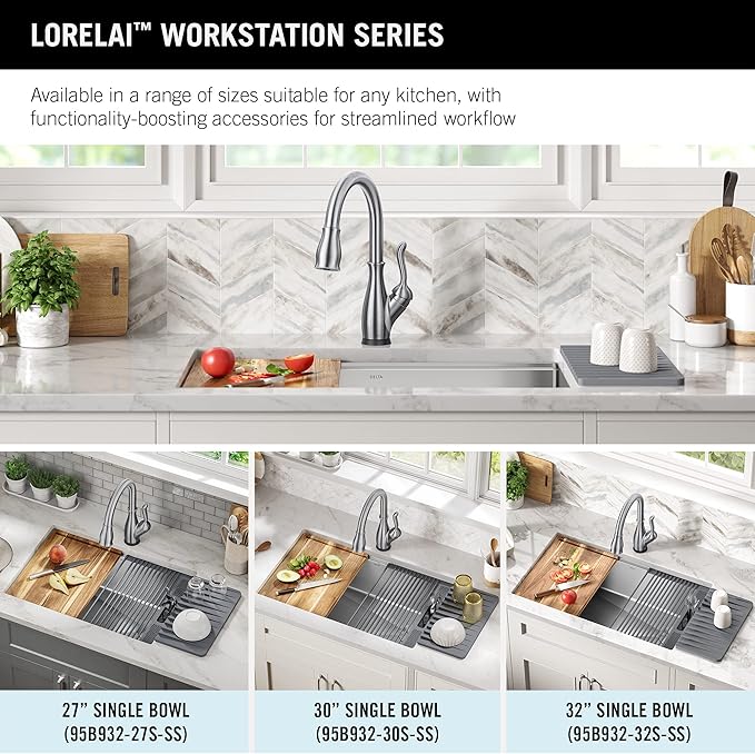 DELTA FAUCET 95B932-32S-SS Lorelai Workstation Kitchen Sink Undermount Stainless Steel Single Bowl with WorkFlow Ledge and Chef’s Kit of 6 Accessories