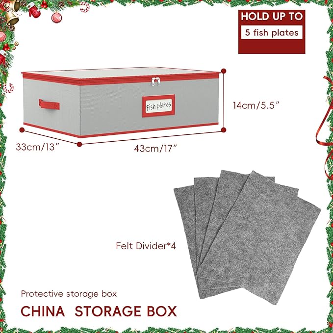 homyfort Platter Storage Case, Christmas China Storage Containers Box Hard Shell 17" x 13" x 5.5" for Platters Organizing, 4 Felt Dividers Included, Structured Top and Stackable