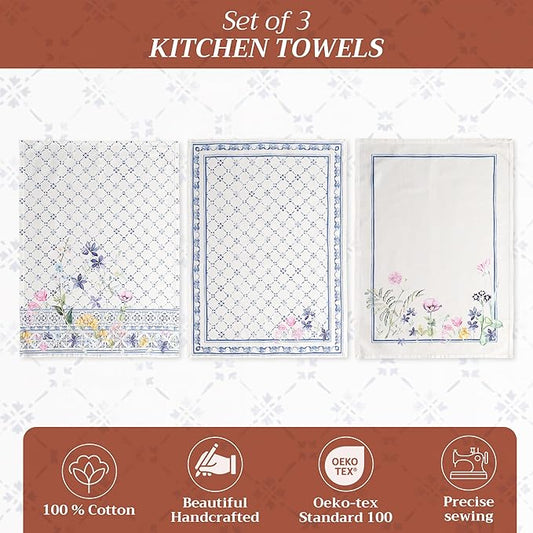 Maison d' Hermine Kitchen Towels Set of 3 100% Cotton 27.50" x 20" Reusable Cloth Tea Dish Towels Absorbent with Hanging Loop for Kitchen, Home, Dining, Cocktail Parties Spring/Summer (Faience)