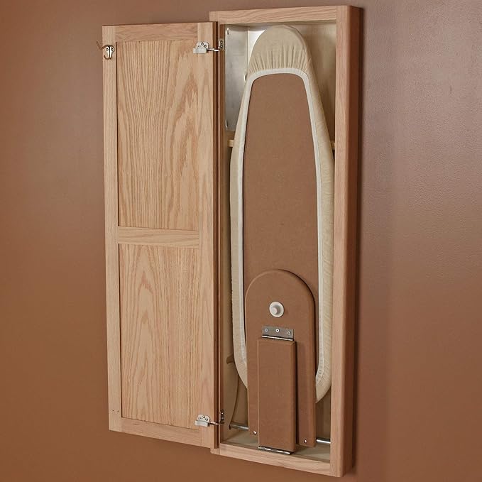 Household Essentials Ironing Board Cabinet, In-Wall Recessed Ironing Board Cabinet with Storage Shelves, Unfinished Wood, Oak