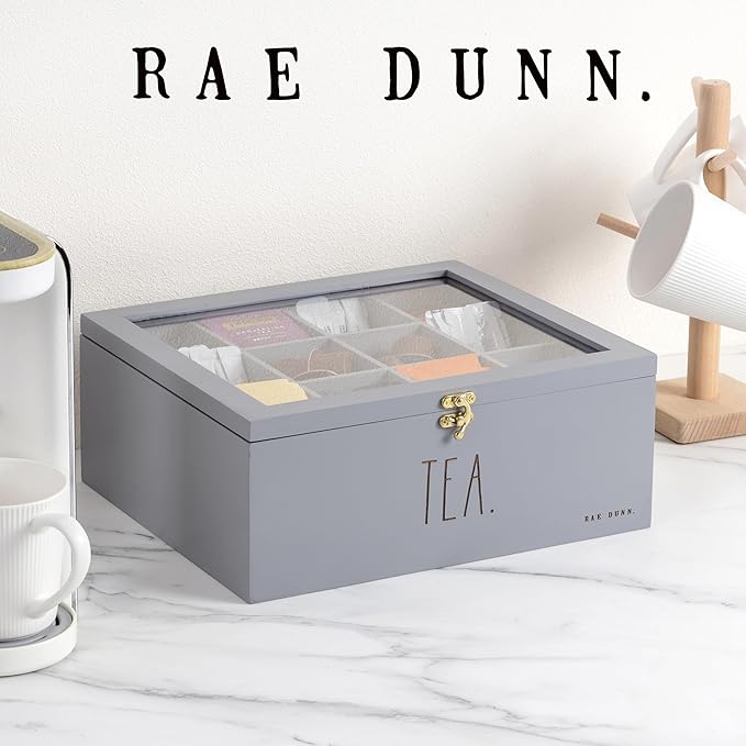 Rae Dunn Tea Bag Organizer - Tea Box Divided Storage Container Box with Hinge Lid for Kitchen Cabinet, Countertop, Pantry, Hold Coffee Pods, Seasoning Packets, Condiments, Grey