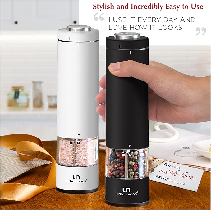 Electric Salt and Pepper Grinder Set - Battery Operated Stainless Steel Mills (1 Black Pepper Grinder + 1 White Salt Grinder) Automatic One Handed Operation Electronic Adjustable Ceramic Grinders