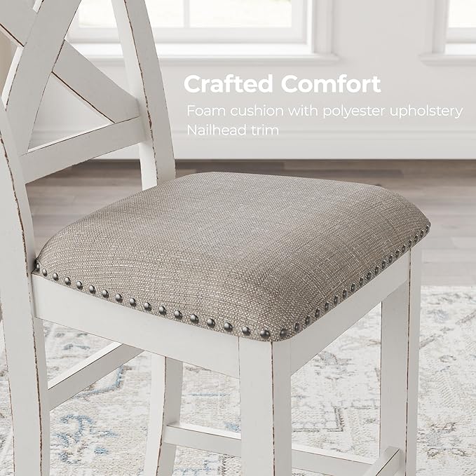 Signature Design by Ashley Robbinsdale Farmhouse Upholstered Barstool, Set of 2, X-Back, Nailhead Trim, Wood, 24.75" H, White & Light Gray