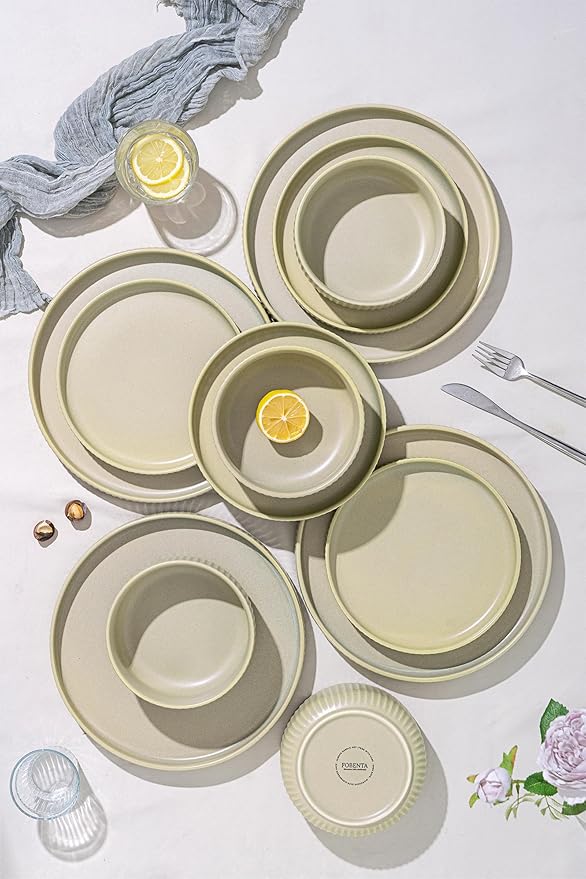 Healing Green Plates and Bowls Sets for 6,FOBENTA 18 Piece Ceramic Dinnerware Set – Dish Set for Light Living & Refreshing Everyday Rituals