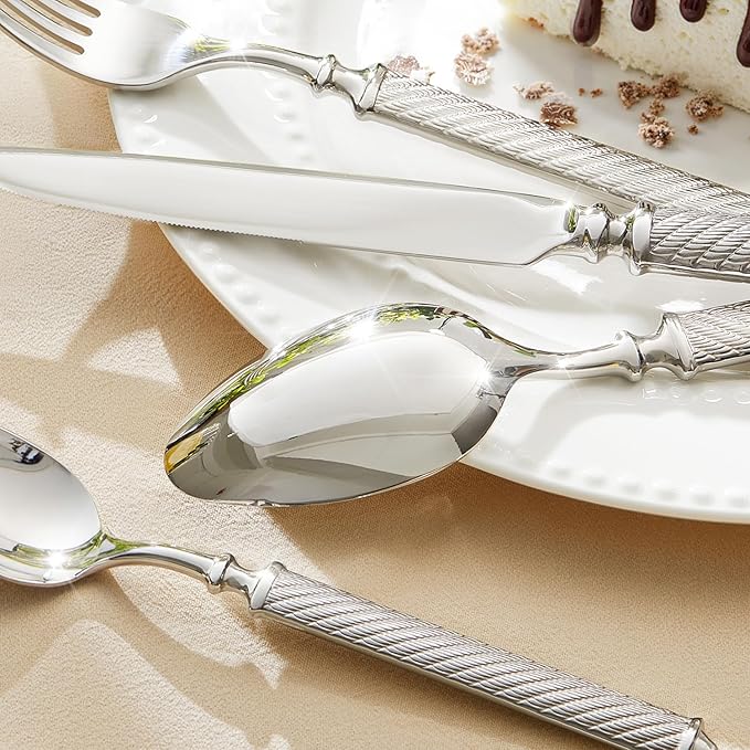 KINGSTONE Retro Rope-Pattern Silverware Set, 5-Piece Flatware Set Cutlery Set Forged with Handcrafted Texture Handles 18/10 Stainless Steel, Dishwasher Safe