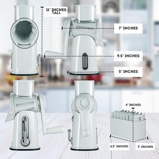 5 in 1 Rotary Cheese Grater with Handle – Stainless Steel Blades, Vegetable Slicer, Shredder, Carrot & Cabbage Grater, Nut Grinder, Easy to Clean Kitchen Gadget (Light Grey)