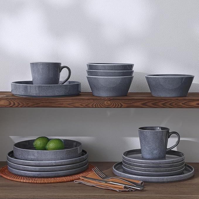 Famiware Annecy Dinner Plates and Bowls Sets, Stoneware Dinnerware Sets, Dishes Set for 6, 18 Pieces Handmade Dishware Set - Microwave & Dishwasher Safe, Double Reactive Glaze Tableware, Misty-Blue