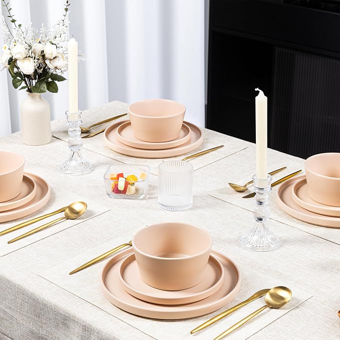 Dinnerware Sets for 4 - CJDC-QUELO 12-Piece Stoneware Plates and Bowls Sets, Ceramic Dishware Sets for Kitchen Use and Formal Dining, Chip and Scratch Resistant Microwave Dishwasher Safe, Brown