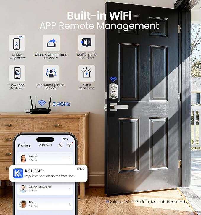 Veise VE012W-L Built-in WiFi Fingerprint Smart Lock with Lever Handle Set, App Remote Control, Keyless Entry for Front Door, Deadbolt Digital Backlit Keypad, Voice Assistant, Auto Lock, Satin Nickel