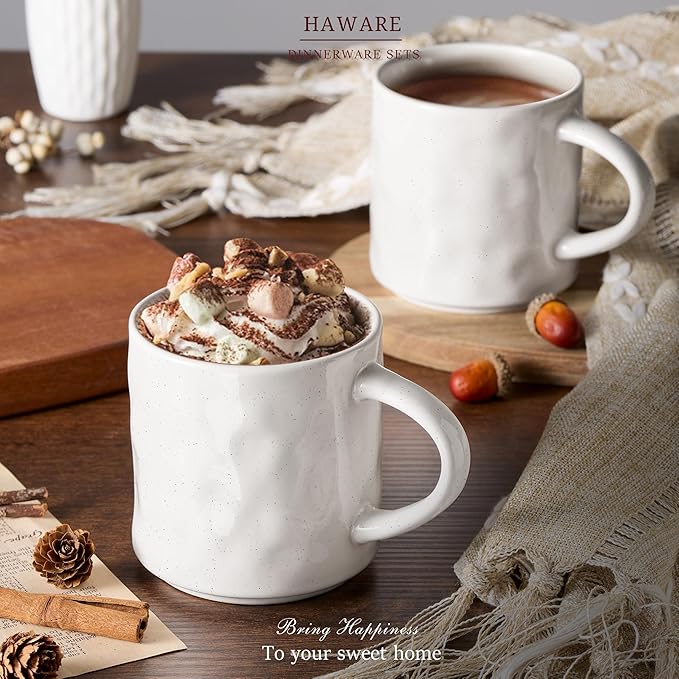 HaWare 14OZ Coffee Mugs Set of 4, Stoneware Coffee Cups with Handle, Latte Mug for Man, Woman, Dad, Mom, Modern Tea Mugs for Latte/Cappuccino/Cocoa/Milk, Dishwasher& Microwave Safe, Speckled White