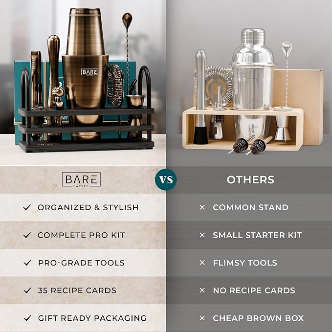 BARE BARREL® Mixology Bartender Kit Bar Set | 14-Piece Cocktail Shaker Set | Martini Barware Mixing Tools for Home Bartending | 35 Recipe Cards | Gift Set (28oz Boston Shaker, Brass/Black)