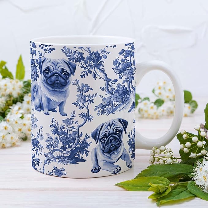 Pug Blue French Toile Mug, Pugs Lover Gifts for Women, Blue Chinoiserie Toile Coffee Cup for Pug Mom, Dog Lovers Tea Coffee Mug Birthday Gifts for Dog Owners, 11oz