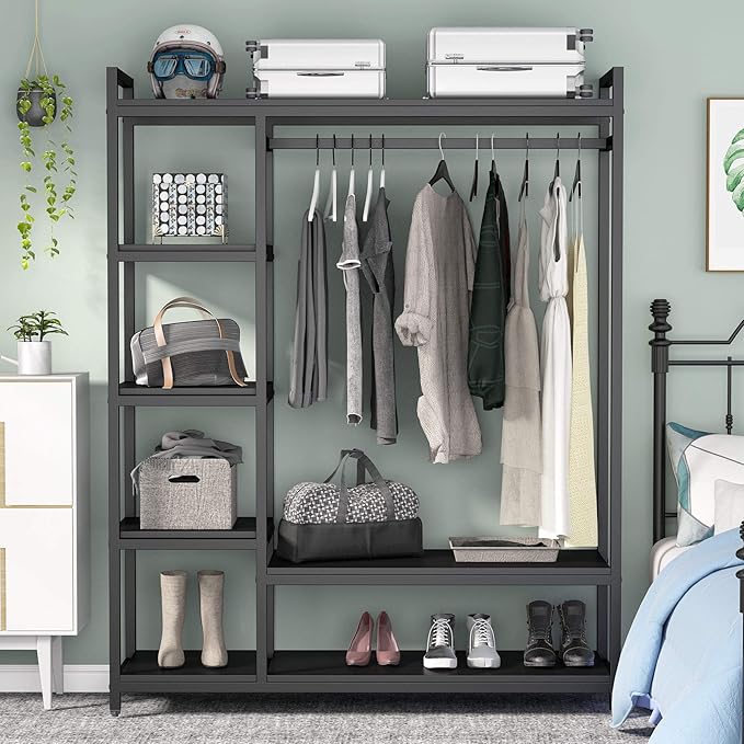 Tribesigns Free-standing Closet Organizer with 6 Storage Shelves and Hanging Bar, Large Standing Clothes Garment Rack（Black）