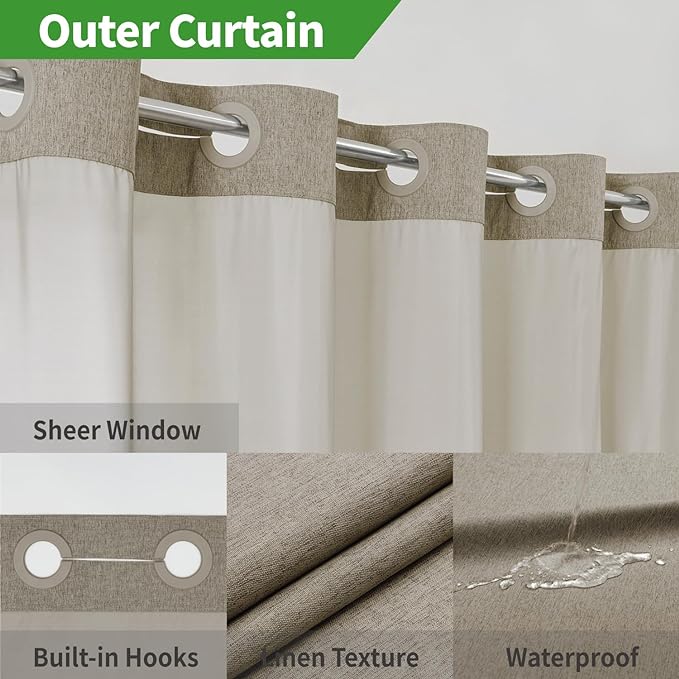 Extra Long No Hooks Needed Linen Textured Shower Curtain with Snap-in Fabric Liner Set,Hotel Luxury Decor Shower Curtains for Bathroom,Waterproof & Washable,71Wx86H,Khaki/Tan