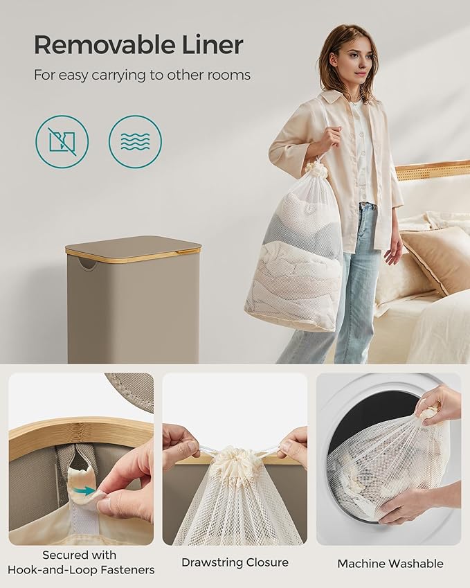 SONGMICS Laundry Hamper with Lid, Large Laundry Basket, 23.8 Gallons (90L), Removable Mesh Liner, Bamboo Handles, Collapsible, 16.5 x 12.6 x 27.8 Inches, Camel Brown ULCB509N01