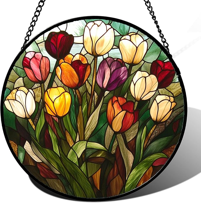 Stained Glass Window Hanging Colorful Tulip Large 11.8" - Flower Suncatcher Door Garden Sun Catcher Home Plant Decor Birthday Mother's Day for Mom Woman Friend Nana Colleague