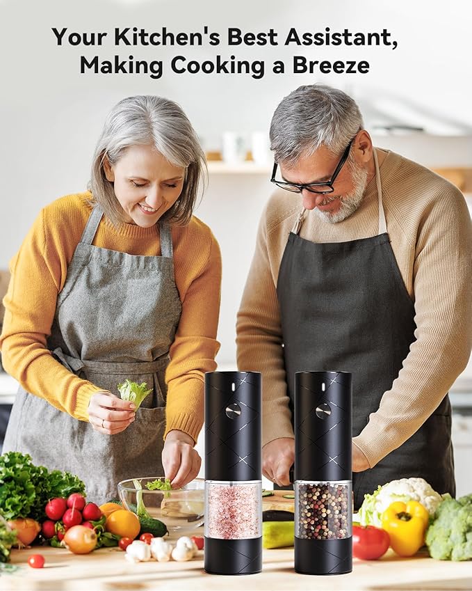 Electric Salt and Pepper Grinder Set with Adjustable Coarseness, Rechargeable Automatic Salt and Pepper Grinder Set with One Hand Operated and LED Light, Salt Grinder & Pepper Mill for Family BBQ