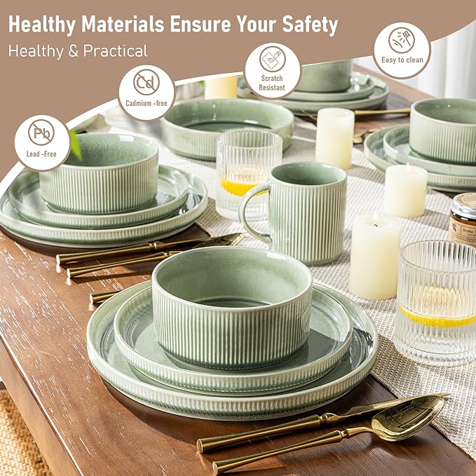 GBHOME Stoneware Dinnerware Sets for 8,Round Reactive Glaze Ceramic Plates and Bowls Set,Highly Scratch Resistant | Dishwasher & Microwave Safe Dishes Set,Service for 8(24pcs)，Olive Green