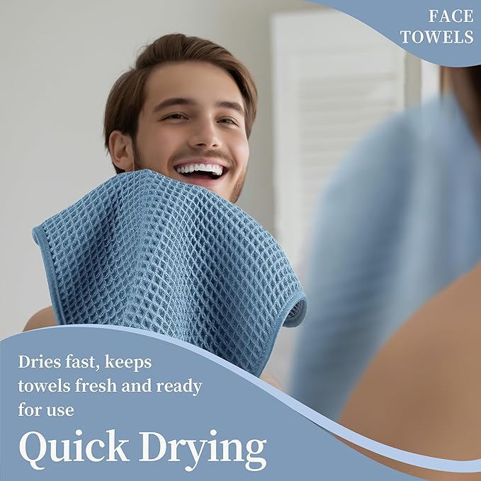Microfiber Waffle Face Towels, 4 Pieces, Soft, Absorbent, Fast Drying, Lint Free (Blue)