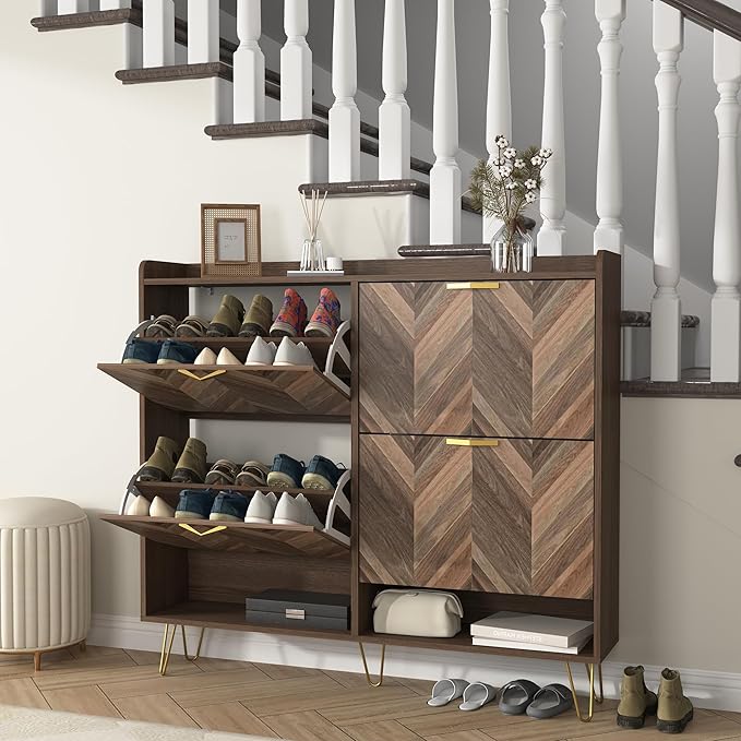 Vibe & Dine 4 Flip Drawer Shoe Cabinet, Mid Century Modern Shoe Organizer with Bottom Cubby, Hidden Shoe Cabinet with 2 Hooks, Freestanding Narrow Slim Shoe Rack Cabinet for Entryway, Foyer, Hallway