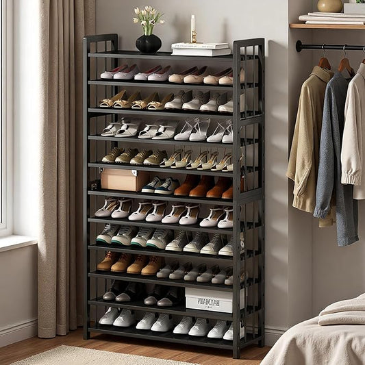 Large Capacity Shoe Storage Organizer: 11-Tier Tall Shoe Rack Holds 55-60 Pairs of Shoe, Bamboo Standing Shoe Shelf with Adjustable for Closet Entryway Black