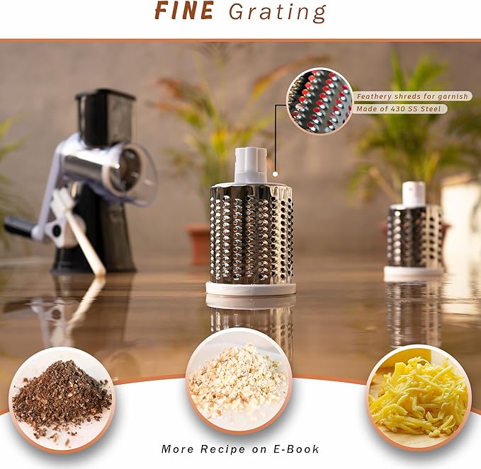 Rotary Cheese Grater Hand Crank with Handle - 3-in-1 Cheese Shredder - Easy to Clean Rotary Grater - Mandoline Vegetable Slicer - with Brush and Peeler - Black