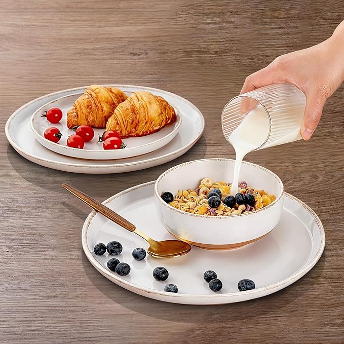 AmorArc 24 Pieces Ceramic Dinnerware Sets for 8, Handpainted Stoneware Plates and Bowls Set with Rustic Terracotta Underside, Scratch Resistant Dishes Set, Dishwasher & Microwave Safe, White