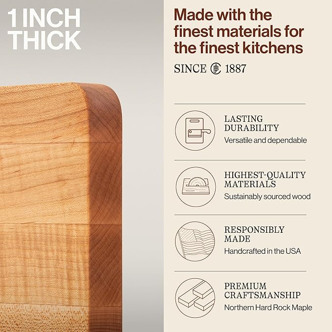 John Boos Chop-N-Slice Series Rectangular Wooden Maple Cutting Board 16”x10” – 1” Thick, 4.5-lb Reversible Butcher Block with Eased Corners, Edge-Grain – Made in the USA