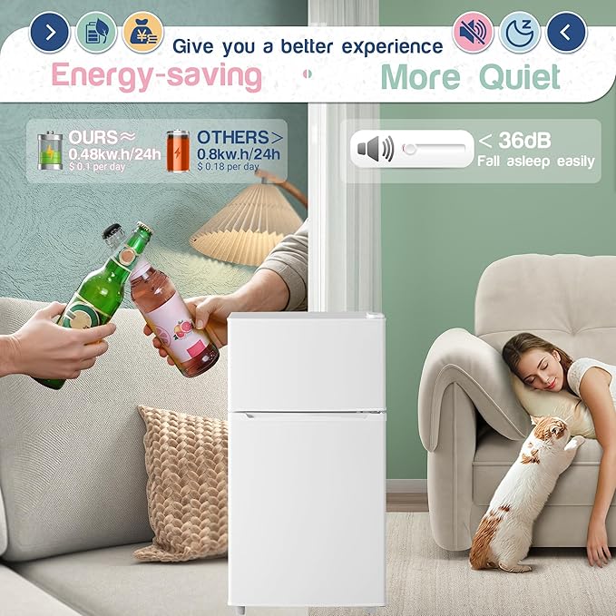 Double Door Refrigerator with Freezer, 3.5 Cu.Ft, Small Fridge with Freezer, 7 Settings Temperature Adjustable, Mini Refrigerator for Office Dorm Bedroom and Apartment (3.5 Cu.Ft, White)