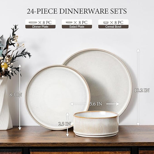 E-far 24-Piece Stoneware Dinnerware Sets, Plates and Bowls Sets for 8, Kitchen Modern Dinning Porcelain Dishes Set, Chip & Scratch Resistant, Dishwasher & Microwave Safe, Creamy Beige